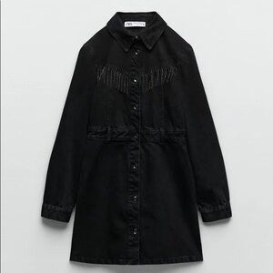Zara Dress Black Denim Western Fringe Button Front Rhinestones Bachelorette